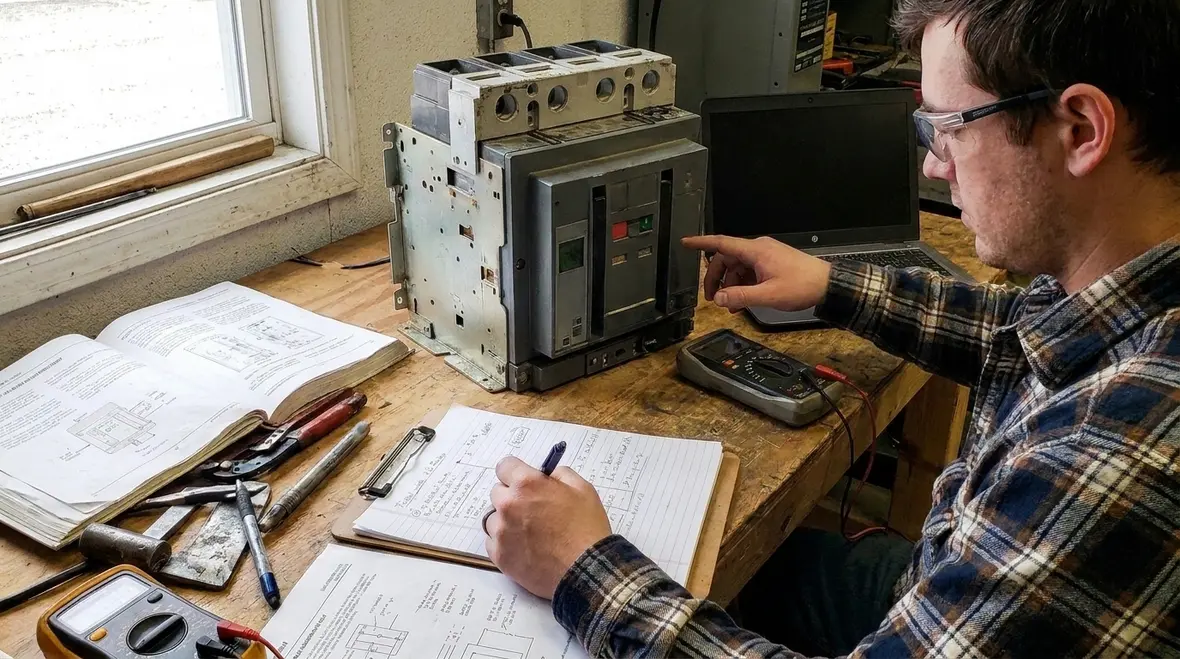 Technician reviewing NEC arc flash breaker features in a commercial electrical room