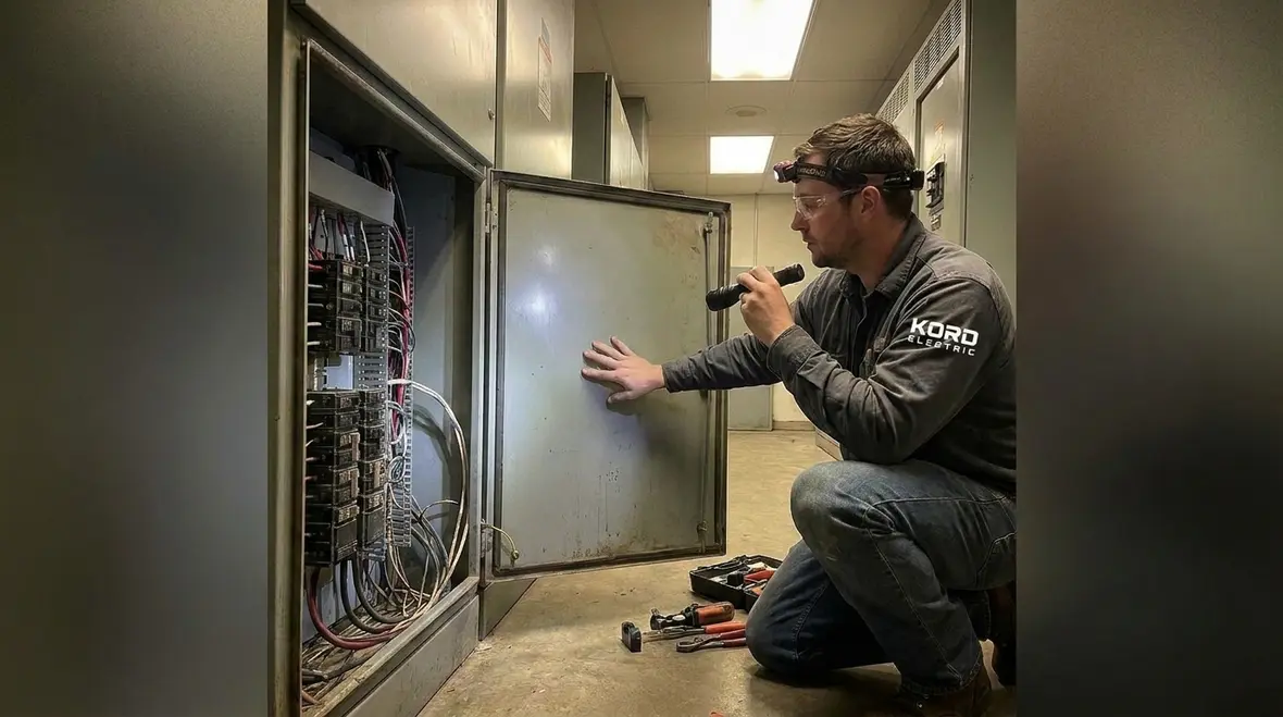 Well organized electrical room with clearly visible NEC arc flash labels