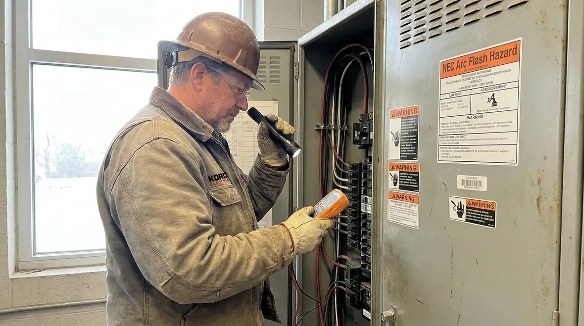Electrician reviewing NEC arc flash hazard labeling on energized equipment