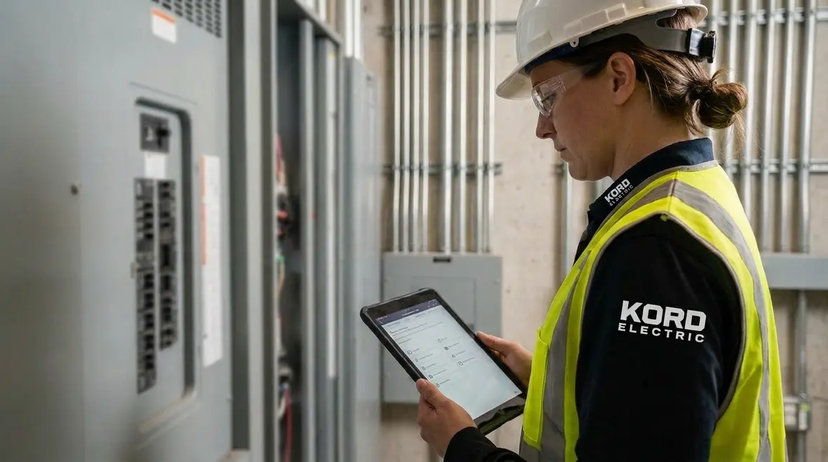 Engineer reviewing arc flash study results for NEC arc flash hazard labeling