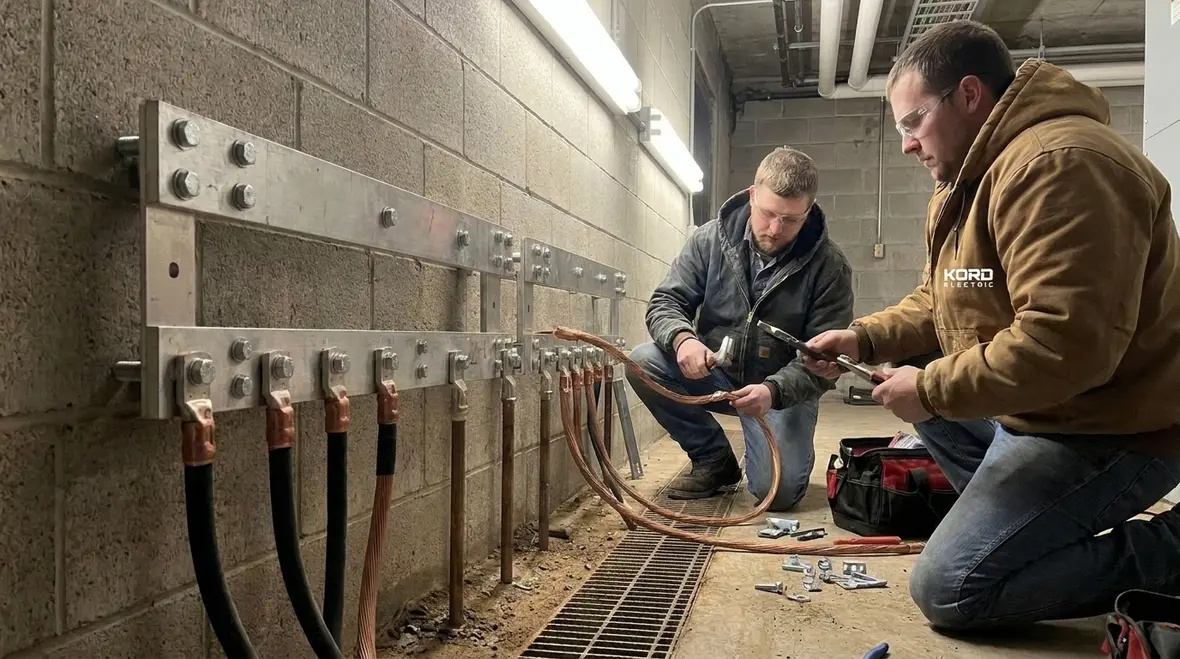 Technician verifying NEC grounding electrode connections above 2 kV