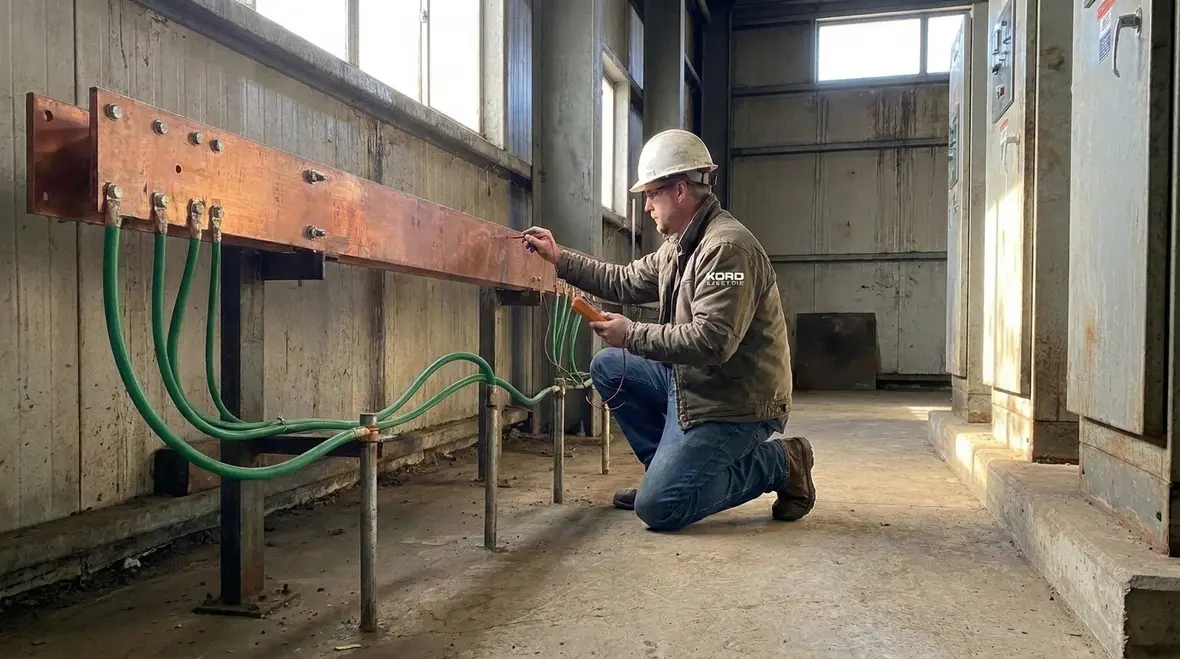 Technician inspecting NEC common grounding electrode conductors in a commercial electrical room