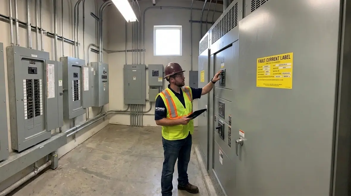 Technician applying NEC available fault current marking label in a commercial electrical room