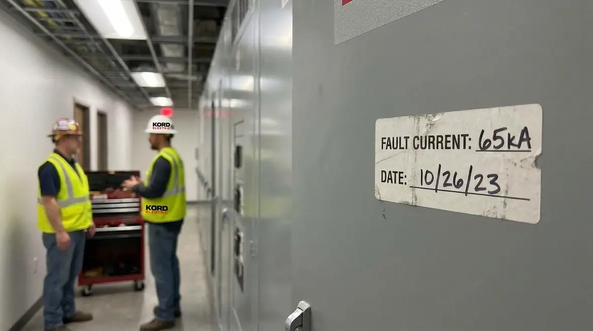 Engineer reviewing NEC available fault current labels during an electrical system upgrade