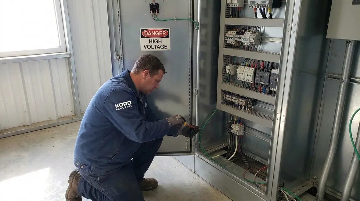 Electrician reviewing NEC bonding grounding conductor workspace clearances