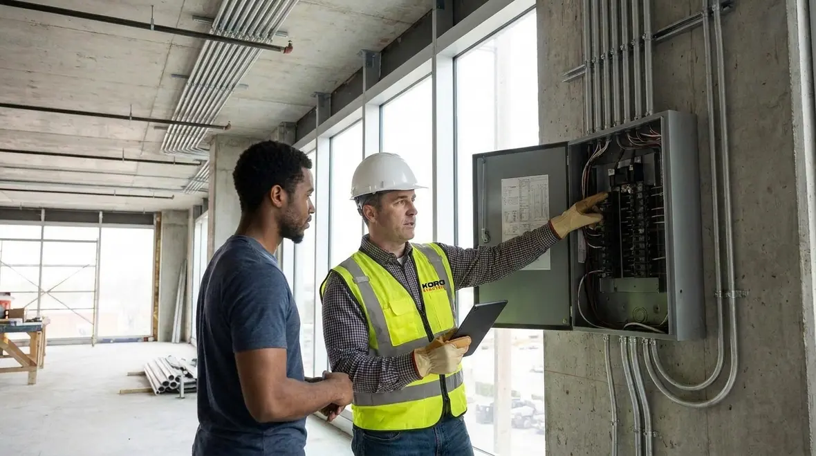 Electrician verifying NEC box listing requirements in a commercial electrical room