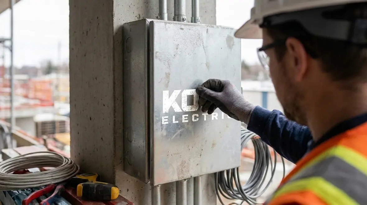 Electrician reviewing NEC box marking requirements on a junction box