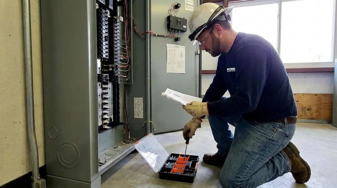 Technician selecting NEC box screws fasteners for industrial installation