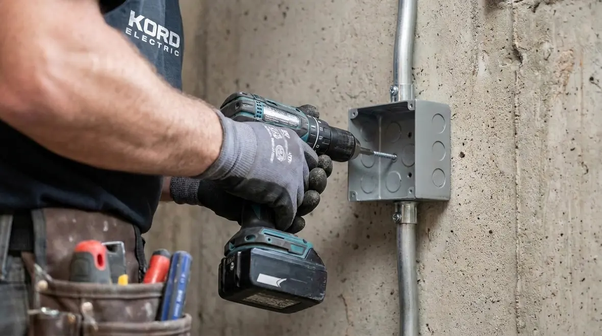 Electrician tightening NEC box screws fasteners in a commercial junction box
