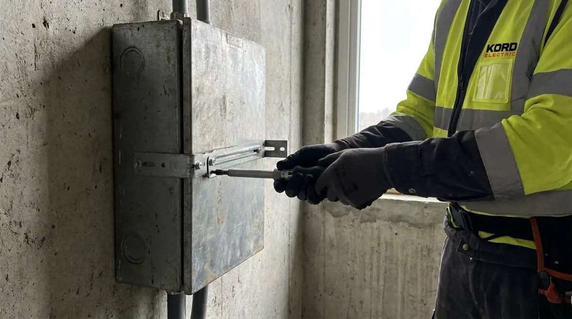 Technician verifying NEC box supports requirements on a commercial electrical box