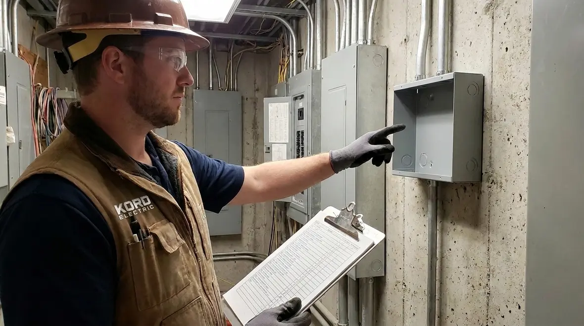 Inspector reviewing an NEC-compliant box surface repair in an industrial facility