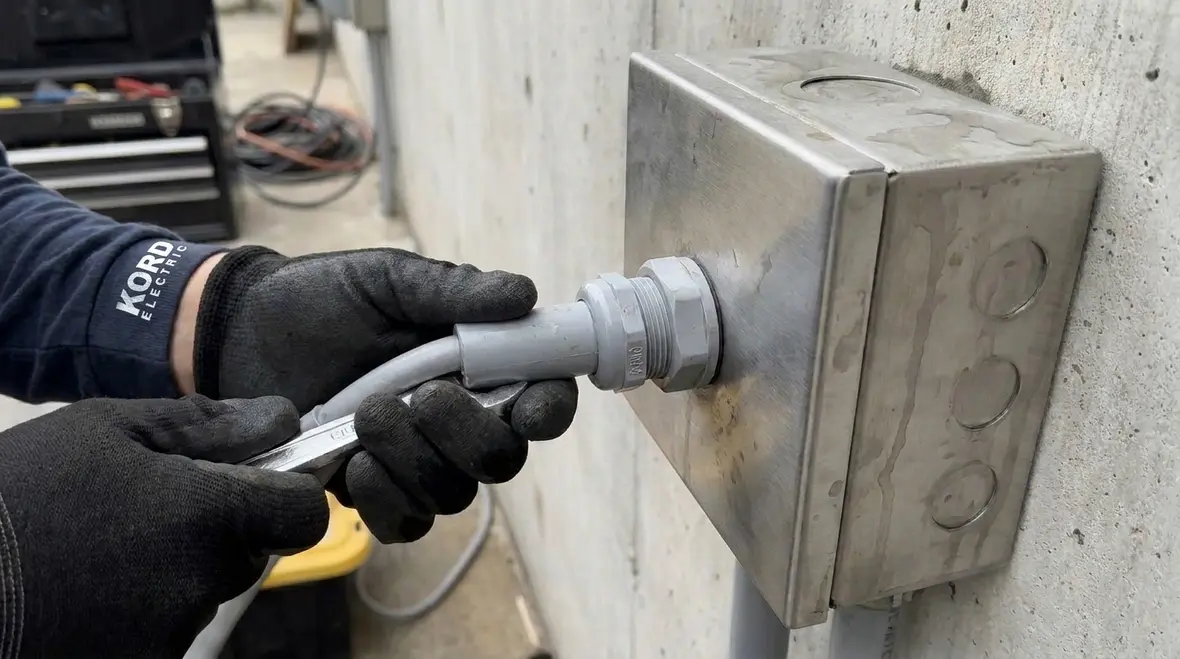 Technician assessing damp and wet location classifications for electrical boxes