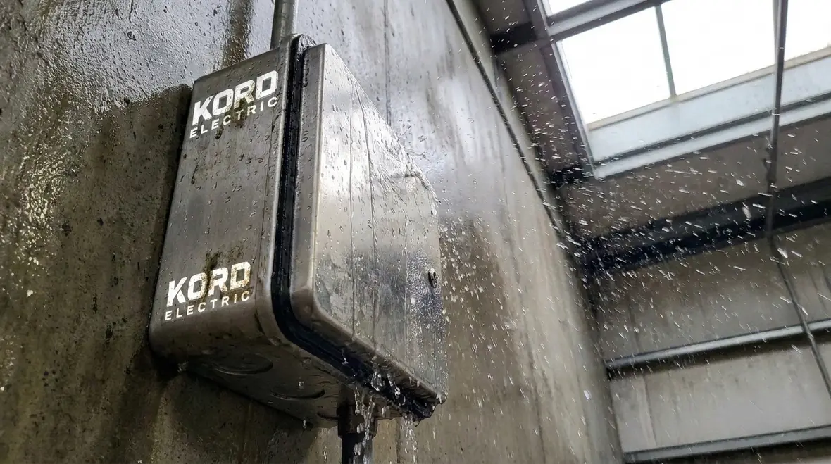 Close-up of NEC-rated box for damp location on commercial site