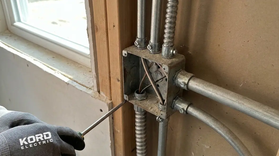 Electrician inspecting NEC branch circuit boxes fittings in a commercial panel