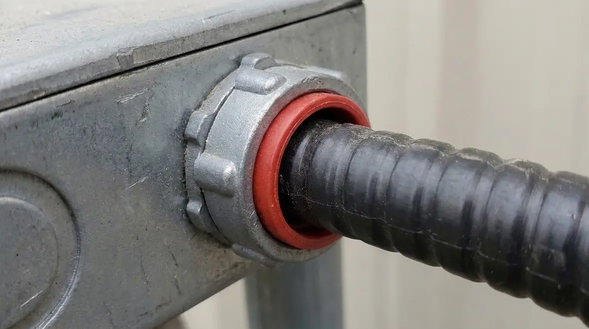 Branch circuit cable entering an electrical box with proper fitting and protection