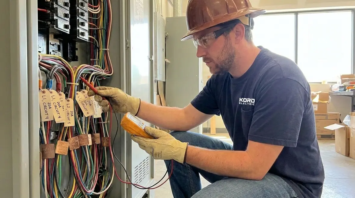 Technician reviewing branch circuit conductor listing information on a commercial panel