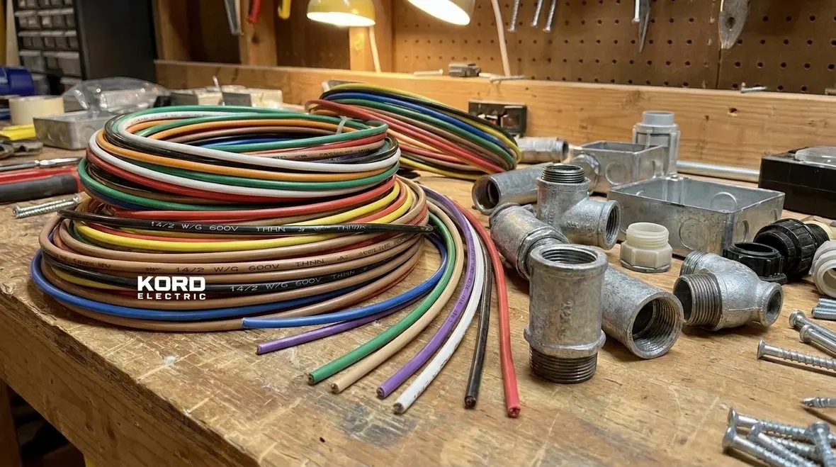 Technician inspecting NEC branch circuit conductors in a commercial electrical room