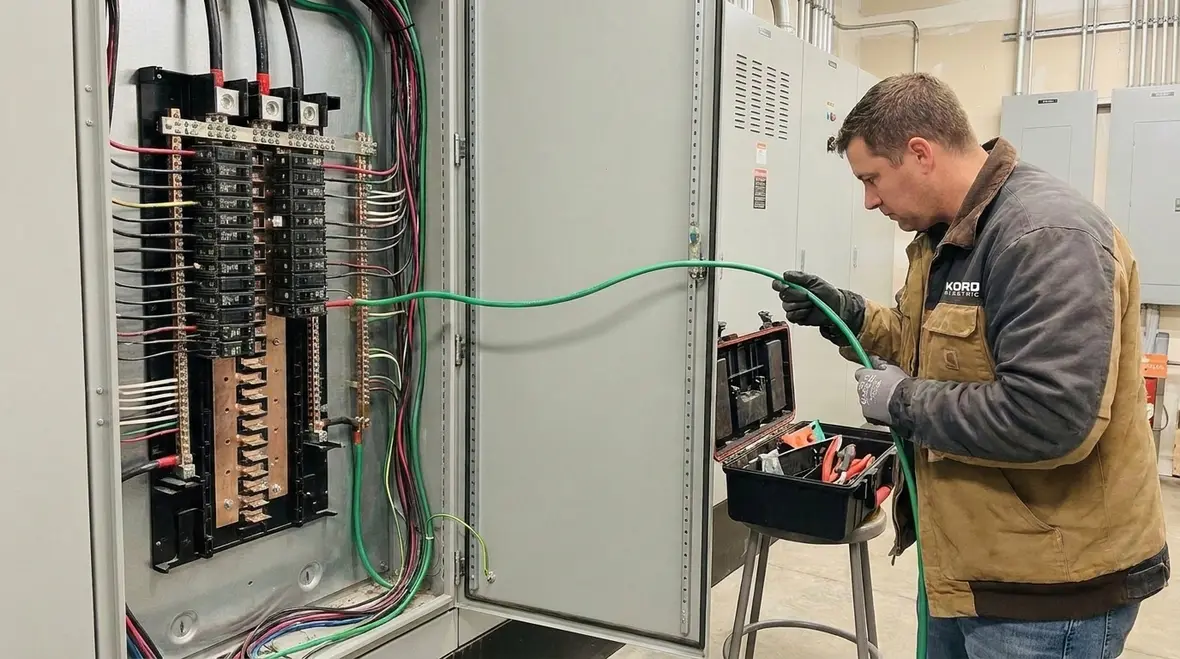 Technician reviewing NEC branch circuit grounding conductor requirements in a commercial electrical room