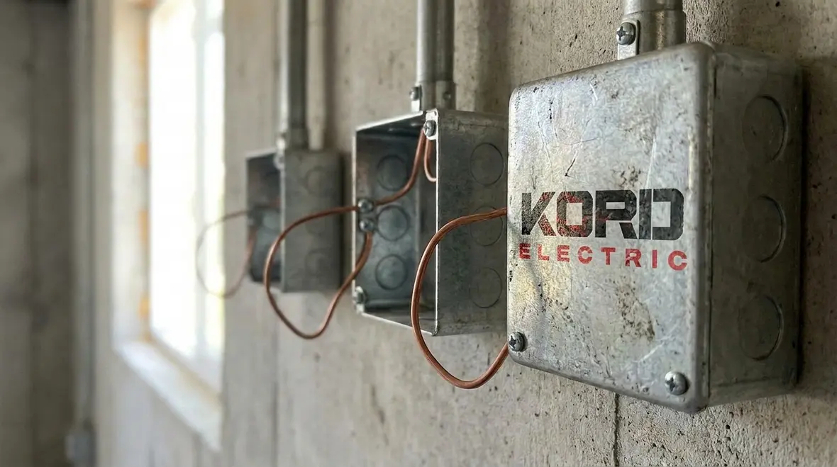 Kord Electric technicians inspecting branch circuit grounding and bonding in a large property building