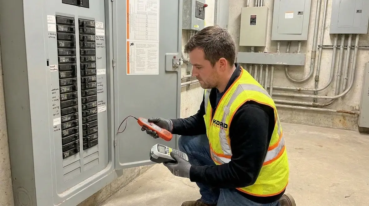Electrician reviewing labeled branch circuits under NEC Section 210.5