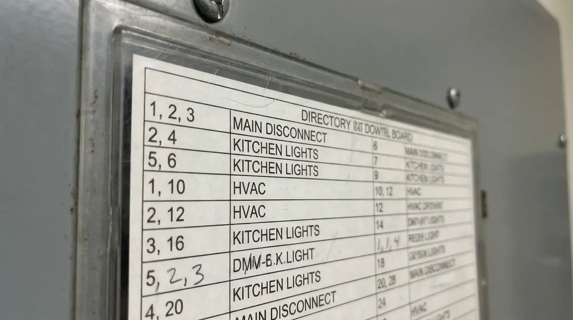 Close up of NEC-compliant branch circuit labels in a commercial panel