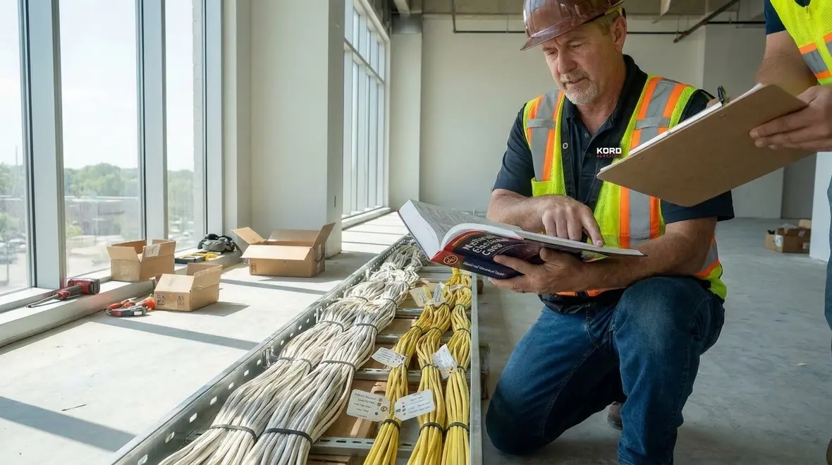 Electrician reviewing NEC branch circuit conductor requirements on commercial project plans