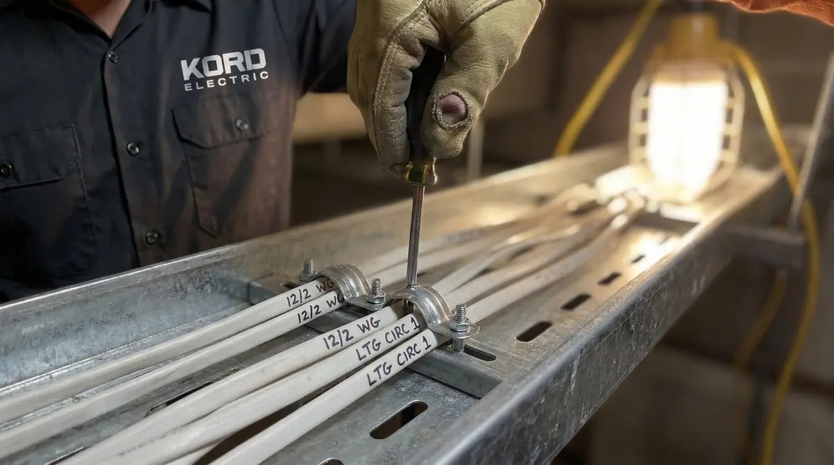 Technician planning NEC branch circuit conductor routes in an industrial facility