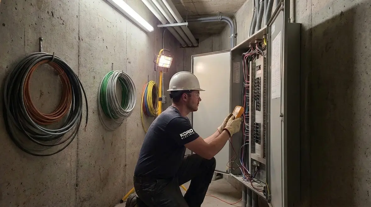 Technician reviewing NEC branch circuit not permitted rules in a commercial electrical room
