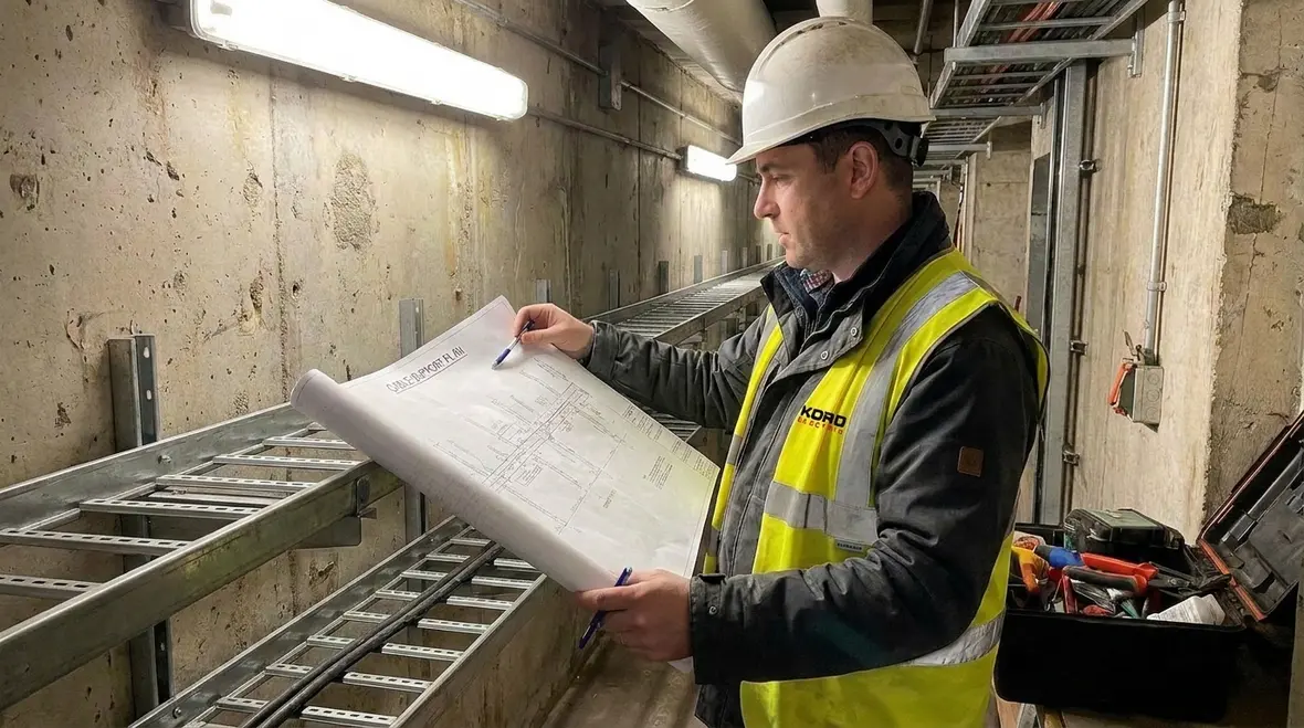 Technician verifying NEC branch circuit support spacing and strain relief