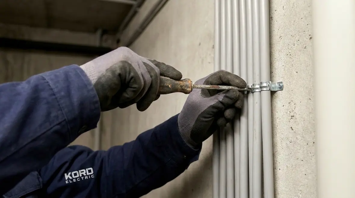Electrician inspecting secured NEC branch circuit supports in a commercial facility