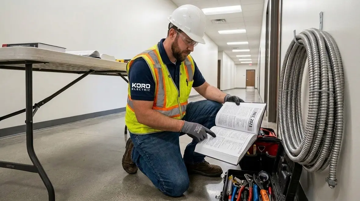 Technician reviewing NEC branch circuit uses permitted routing on electrical plans