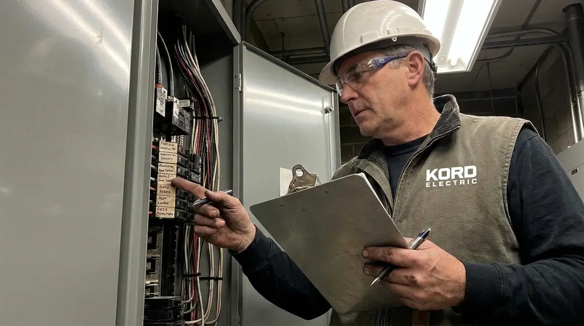 Kord Electric team performing NFPA 70 Section 334.10 compliance checks in a commercial building