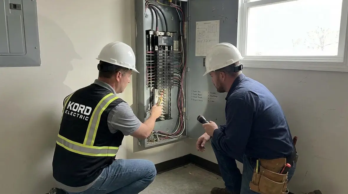 Electrical inspector and technician reviewing branch circuit boundaries on site