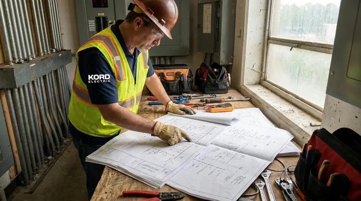 Technician reviewing NEC branch circuit scope on commercial electrical plans
