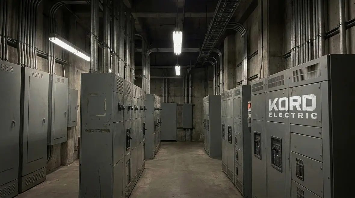 Commercial electrical room showing branch circuits serving multiple loads