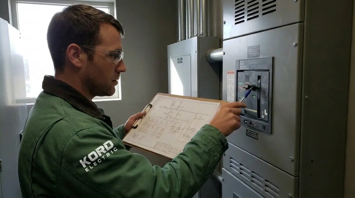 Technician reviewing NEC breaker method of operation in a commercial electrical room