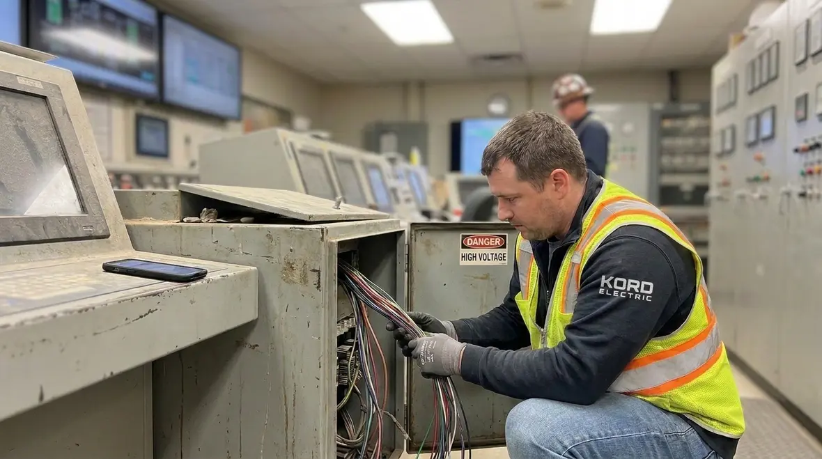 Technician reviewing NEC cabinet and cutout boxes scope on an electrical panel