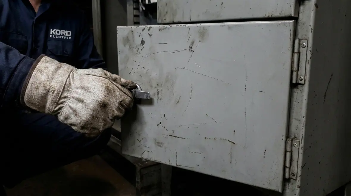 Technician inspecting NEC cabinet doors covers for NFPA 70 Section 312.102 compliance