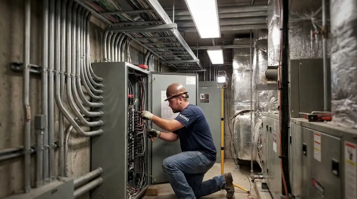 Technician checking cabinet door swing and surrounding NEC cabinet enclosure working space