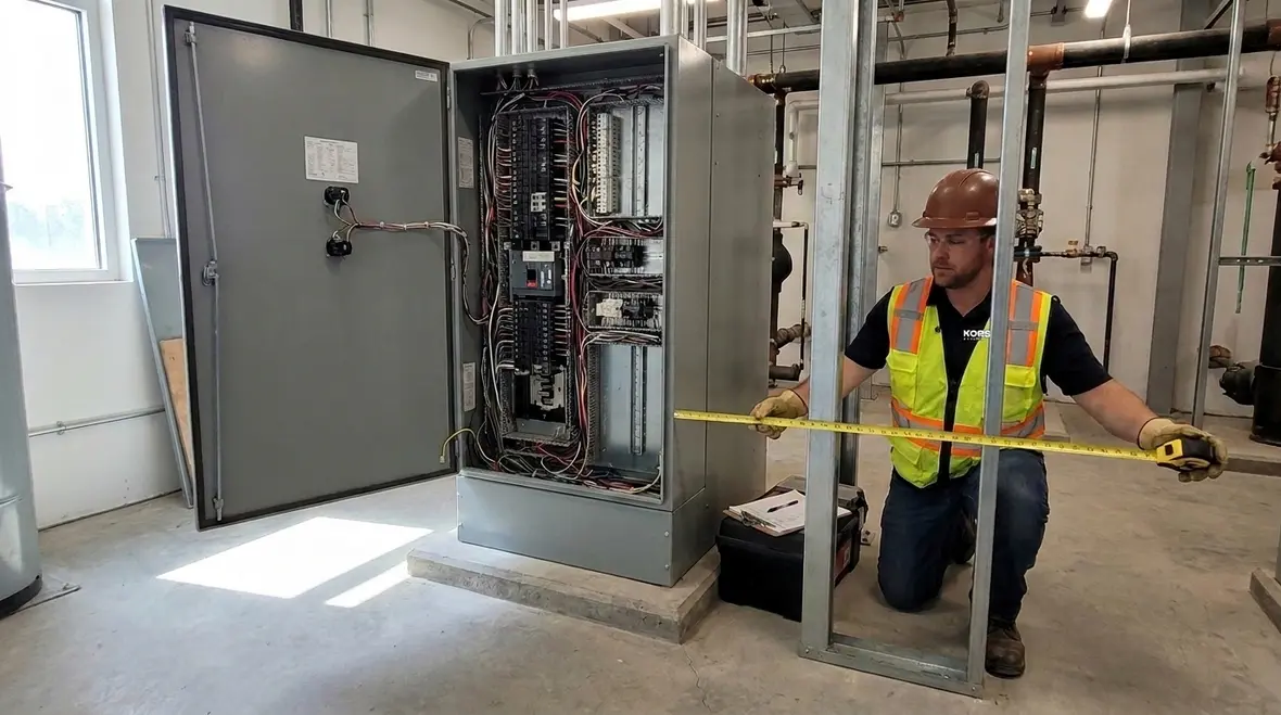 Electrician verifying NEC cabinet enclosure working space around an electrical cabinet