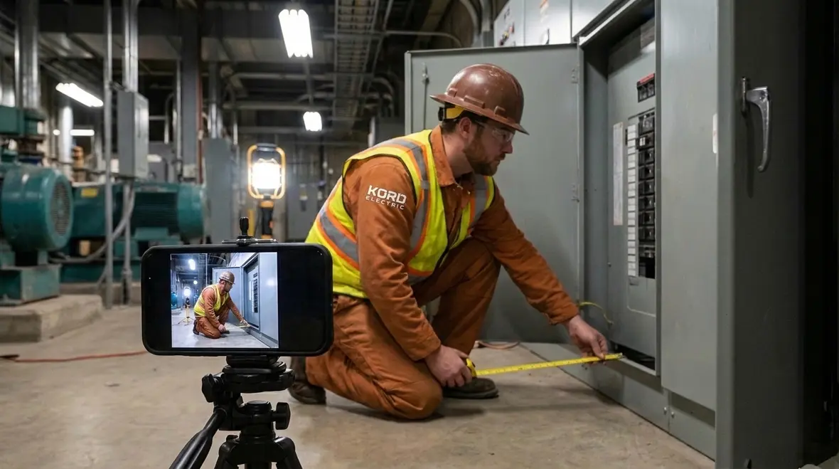 Electrician reviewing NEC cabinet spacing requirements in a commercial electrical room