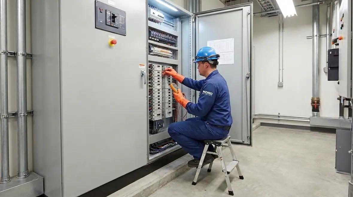 Commercial electrical cabinets with compliant NEC working clearance in a service room