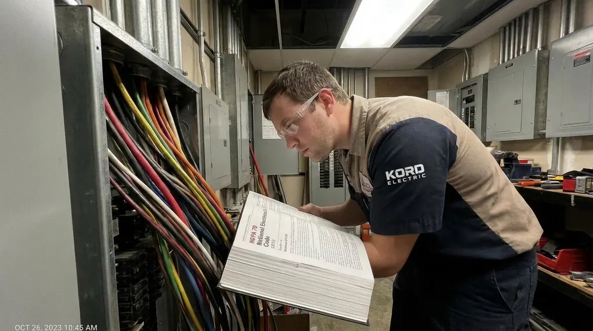 Technician reviewing NEC cable insulated ampacity values for commercial facility conductors