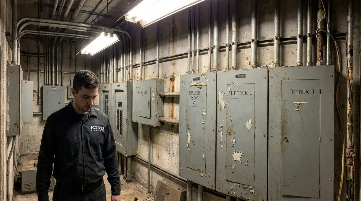 Service entrance tap and splice locations coordinated with commercial gear layouts