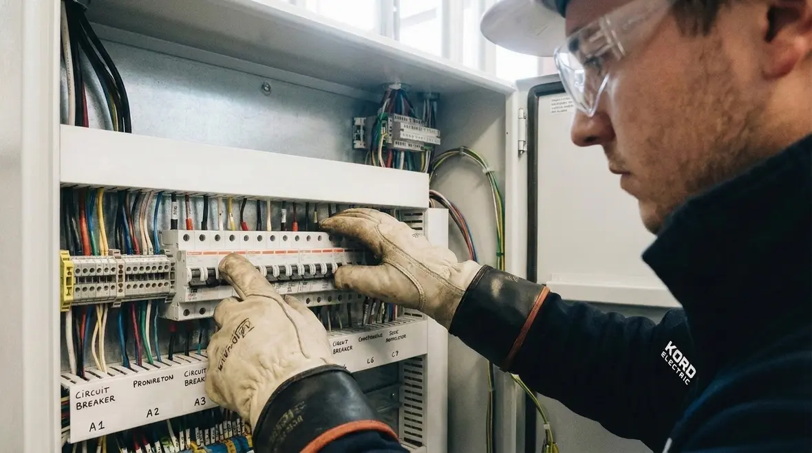 Technician reviewing NEC circuit breaker applications in a commercial electrical room
