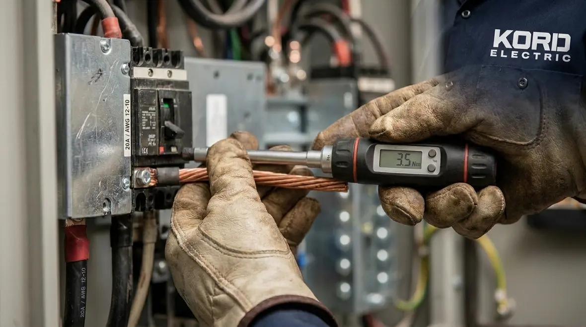 Close-up of breaker ratings and conductors forming a protection chain