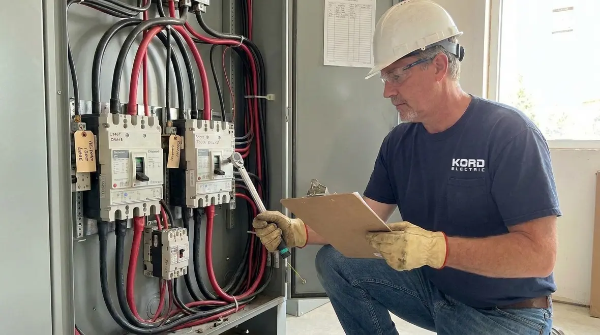 Technician reviewing NEC circuit breaker classification on a commercial electrical panel