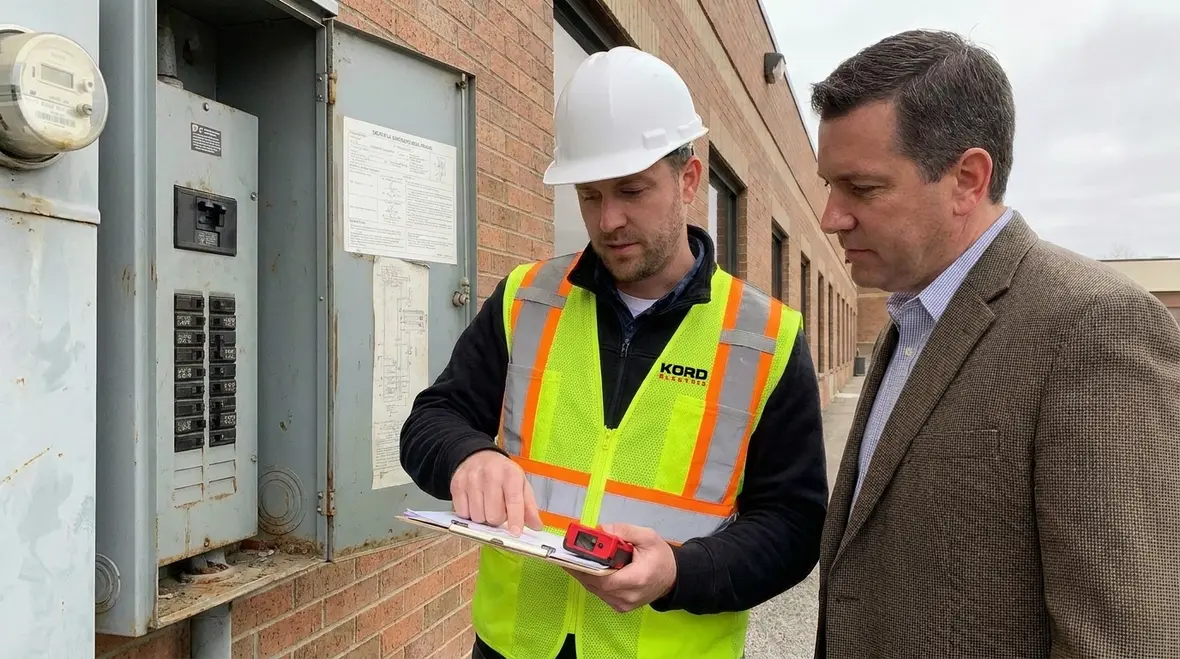 Technician reviewing NEC clearances from buildings rules for outdoor equipment