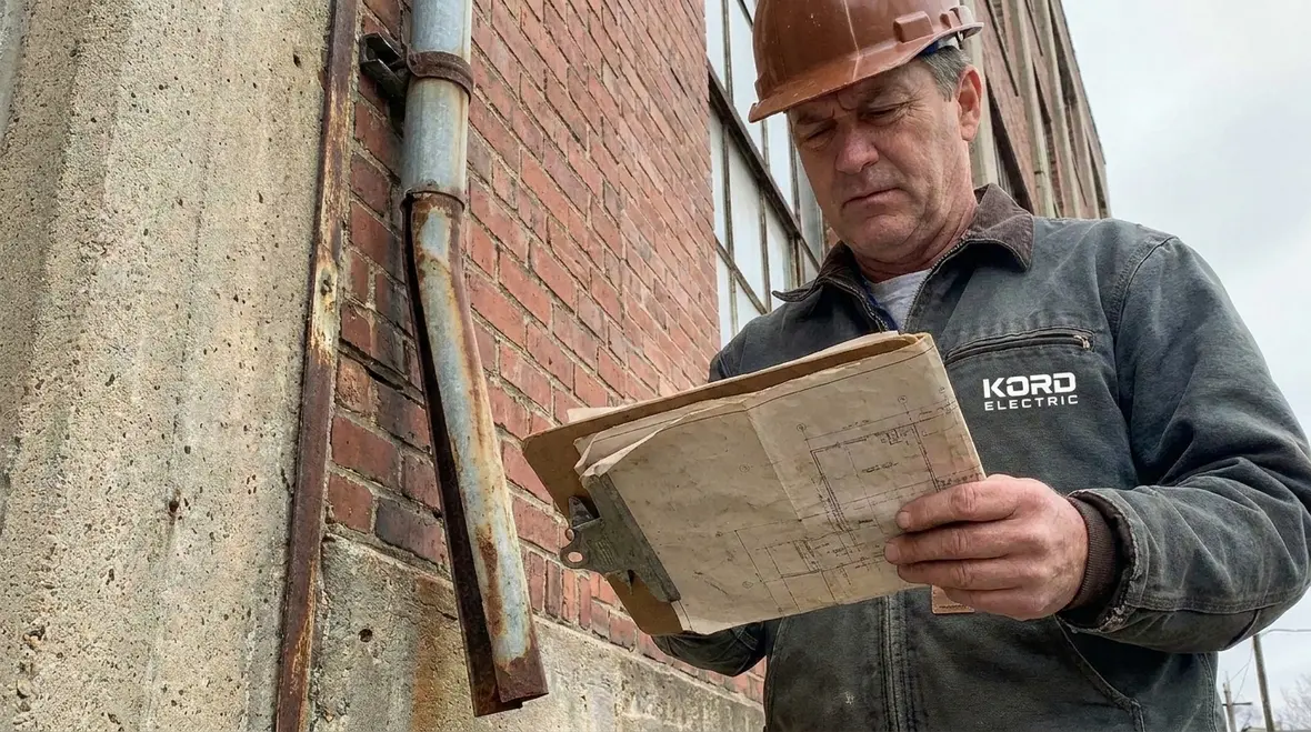 Kord Electric technician field-verifying NEC building clearances