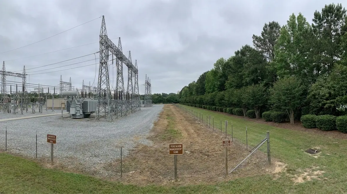 Technician reviewing conductor clearances and vegetation around high voltage equipment
